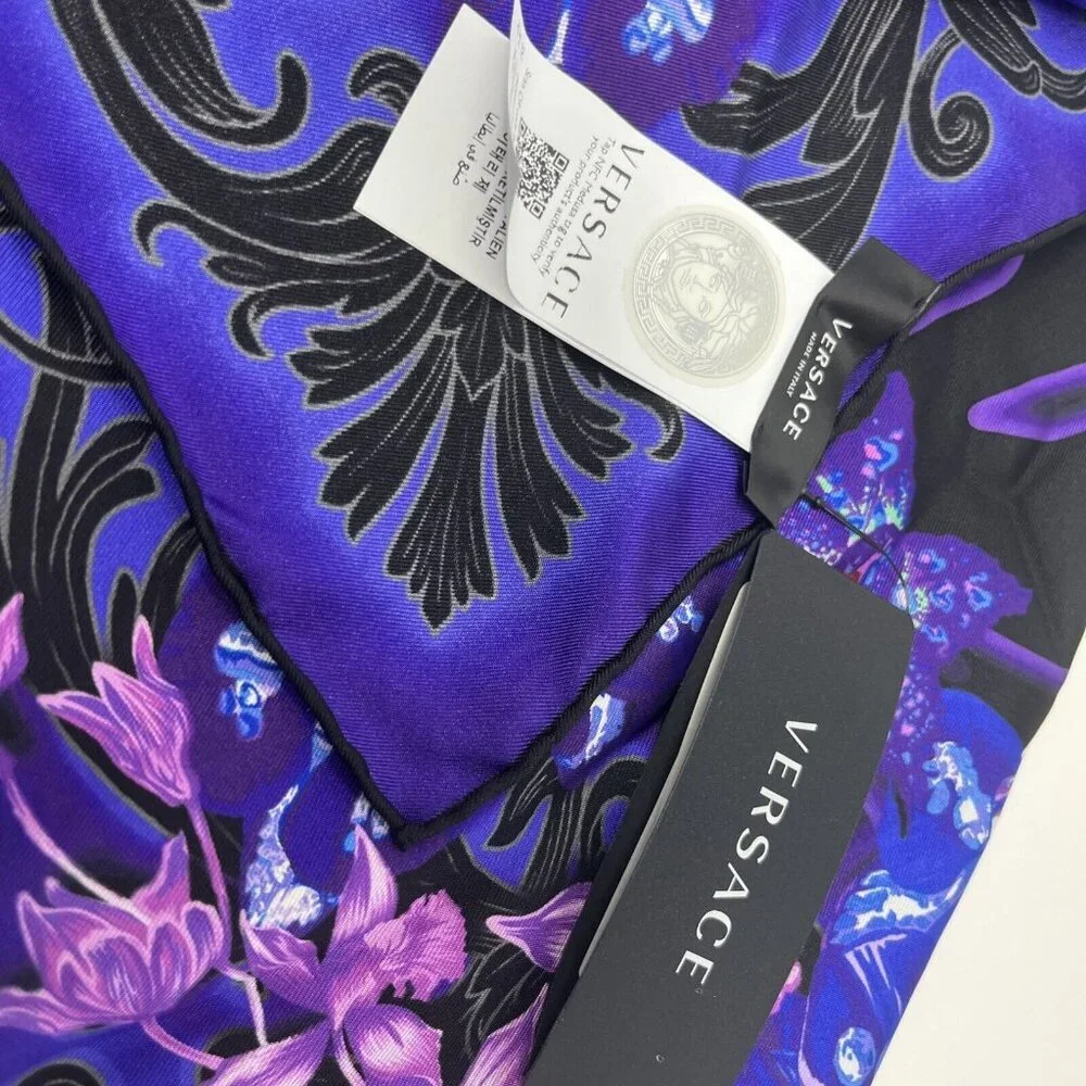 Versace Orchid Print 100% Silk Square Purple Black Scarf Rtl $525 New with Tags